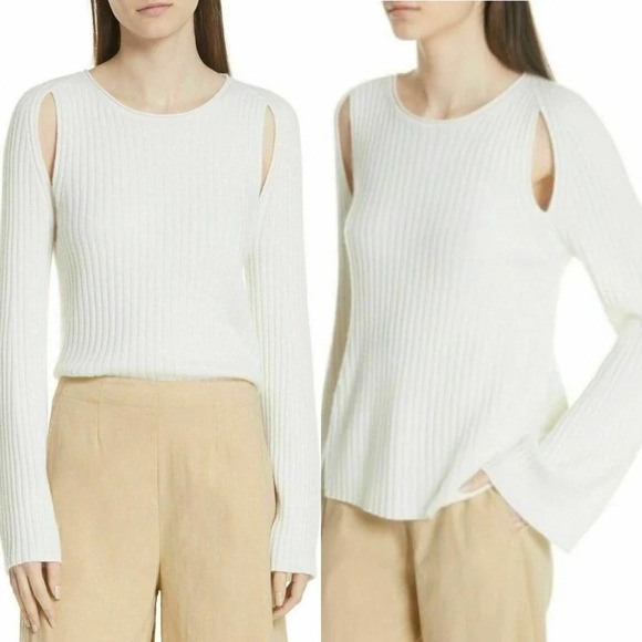 Vince Ribbed Cutout Shoulder Slit Cashmere Sweater Cream‎ Ivory Size US Medium - Picture 1 of 12